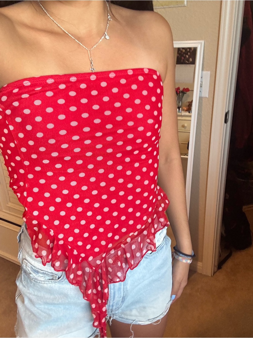Red Polka Dot Strapless Tie-Front Top